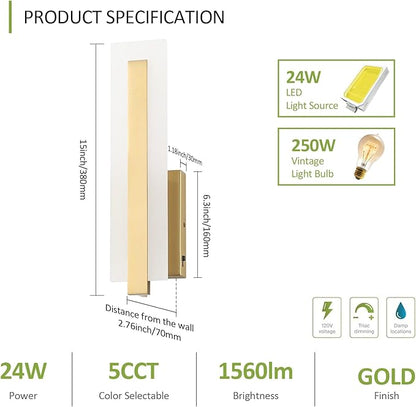 Tipace Hardwired Gold Dimmable Modern LED Wall Sconce 2 Packs 3000K 3500K 4000K 5000K 6000K Indoor Wall Lights Up and Down Wall Mount Light for Living Room Bedroom Hallway Corridor(5CCT)