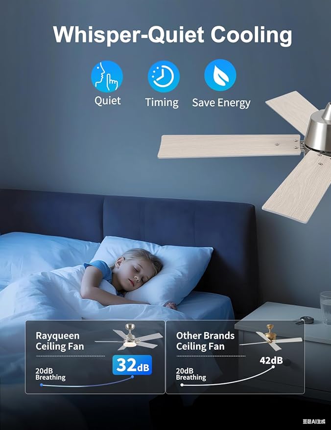 Rayqueen 42 Inch Ceiling Fans with Lights and Remote, 6 Speed Reversible DC Motor, 3CCT Dimmable LED, Modern Brushed Nickel Ceiling Fan for Bedroom, Living room & Covered Outdoor,Includes Downrod