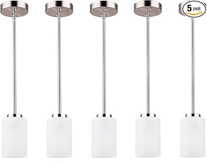 1-Light Mini Pendant Light Fixtures, Industrial Chandelier Hanging Ceiling Lights with Opal White Shade, Adjustable Height, Brushed Nickel Pendant Lighting, 5 Pack