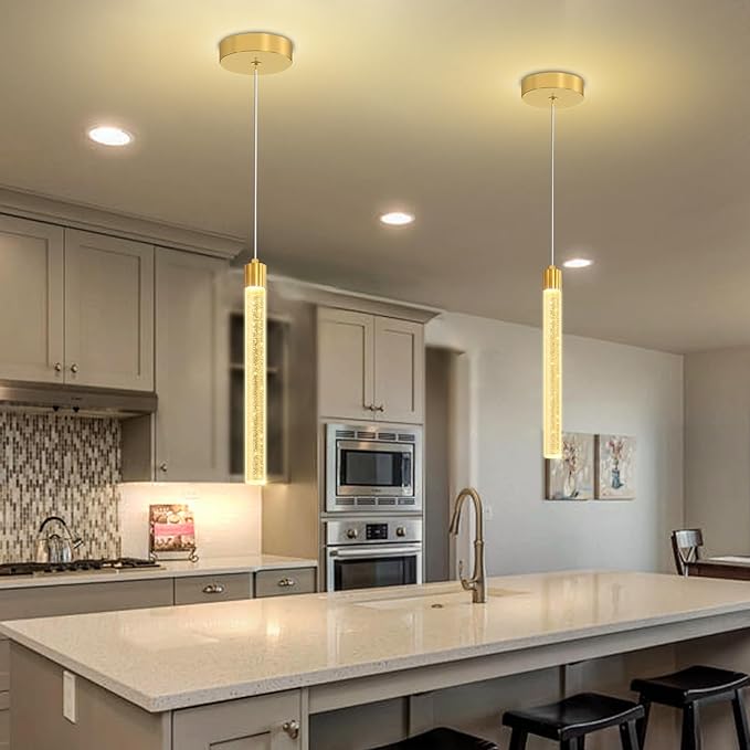 Modern Gold Crystal Pendant Light for Kitchen Island Lighting Dimmable LED Adjustable Crystal Column Chandelier Lighting Hanging Pendant Lighting