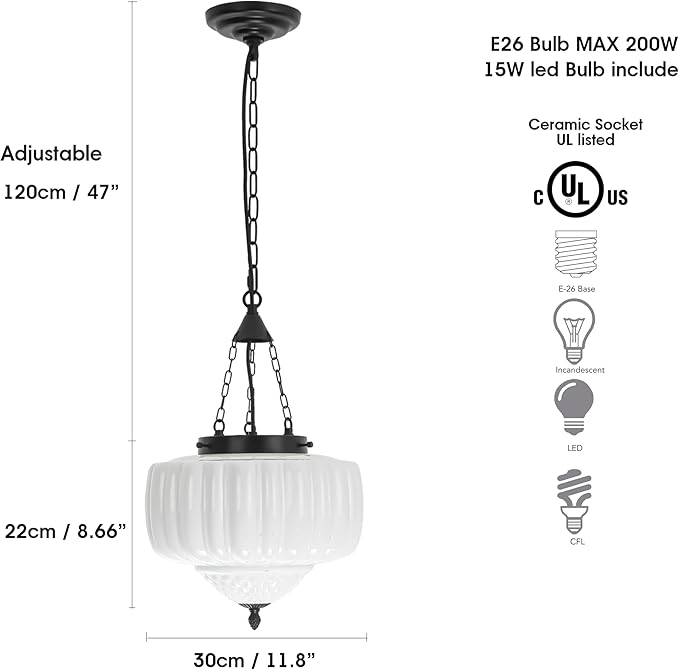 FCTWAKS Milk Glass Pendant Light, 12" Mid Century Modern Schoolhouse Ceiling Light Fixtures, Black Finish with Frosted Glass, Vintage Chandelier for Kitchen Island Dining Room, Bulb Included