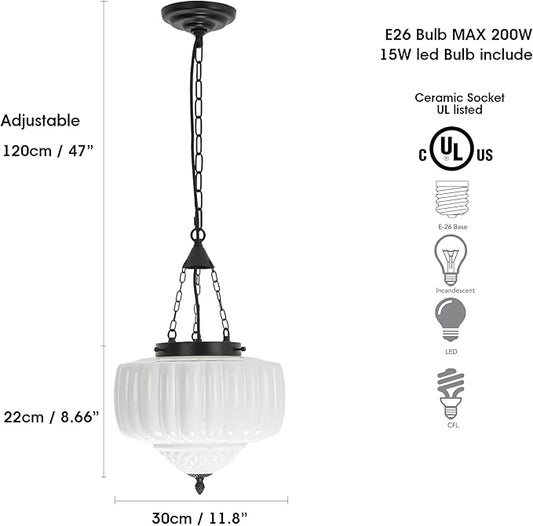 FCTWAKS Milk Glass Pendant Light, 12" Mid Century Modern Schoolhouse Ceiling Light Fixtures, Black Finish with Frosted Glass, Vintage Chandelier for Kitchen Island Dining Room, Bulb Included