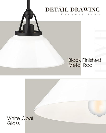 White Pendant Light Fixture, HWH Modern Kitchen Island Light Fixtures 12 Inch, 1-Light Hanging Lighting for Dinning Room Schoolhouse, Black Metal and White Opal Glass Shade, 5HYS89MIL-G BK