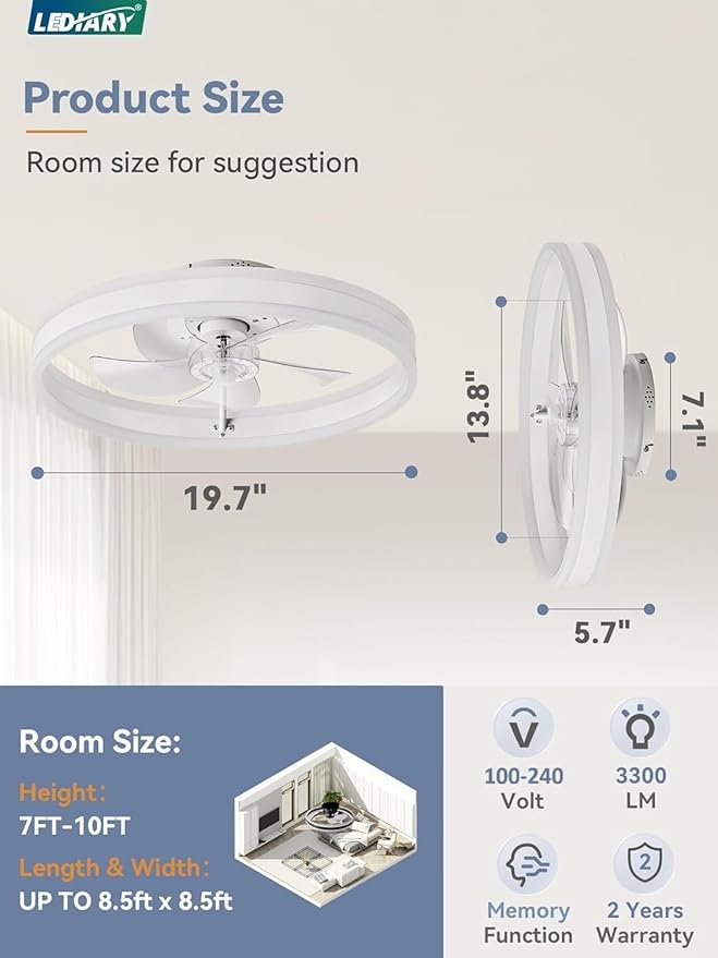 LEDIARY Low Profile Ceiling Fans with Lights, Flush Mount Modern Ceiling Fan and Remote Control, 19.7" LED Ceiling Fans, Stepless Dimmable 3 Colors and 6 Speeds - White