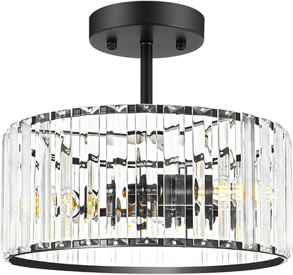 Lxybcce Modern Crystal Ceiling Light, Matte Black Semi Flush Mount Ceiling Lighting Fixture, Hallway Light Fixtures Chandelier for Kitchen, Bedroom Dining Room Hallway Closet, 3-Light, 12 Inch