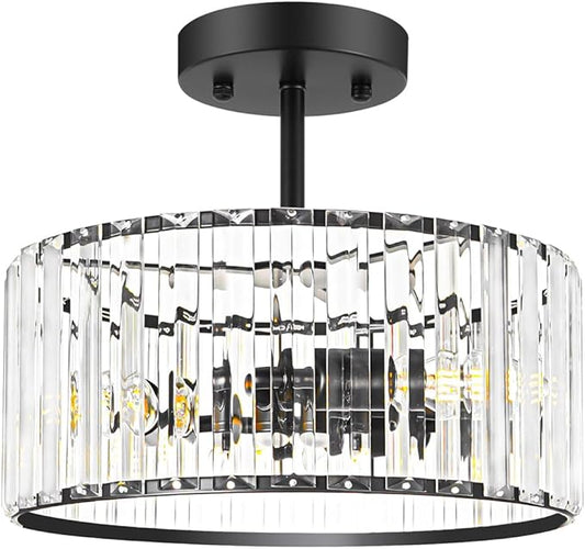 Lxybcce Modern Crystal Ceiling Light, Matte Black Semi Flush Mount Ceiling Lighting Fixture, Hallway Light Fixtures Chandelier for Kitchen, Bedroom Dining Room Hallway Closet, 3-Light, 12 Inch