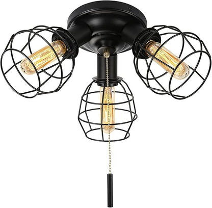 Pull Chain Light Fixture, 3 Light Semi Flush Mount Ceiling Fixture, Vintage Pendant Light Fixture for Porch/Hallway/Kitchen/Bedroom, Bulb Not Included