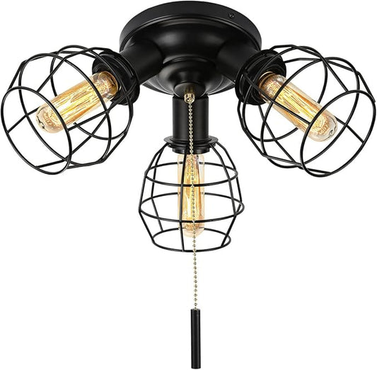 Pull Chain Light Fixture, 3 Light Semi Flush Mount Ceiling Fixture, Vintage Pendant Light Fixture for Porch/Hallway/Kitchen/Bedroom, Bulb Not Included