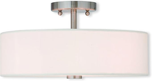 Livex Lighting 51054-91 Brushed Nickel Flush Mount with Off-White Fabric Hardback Shade