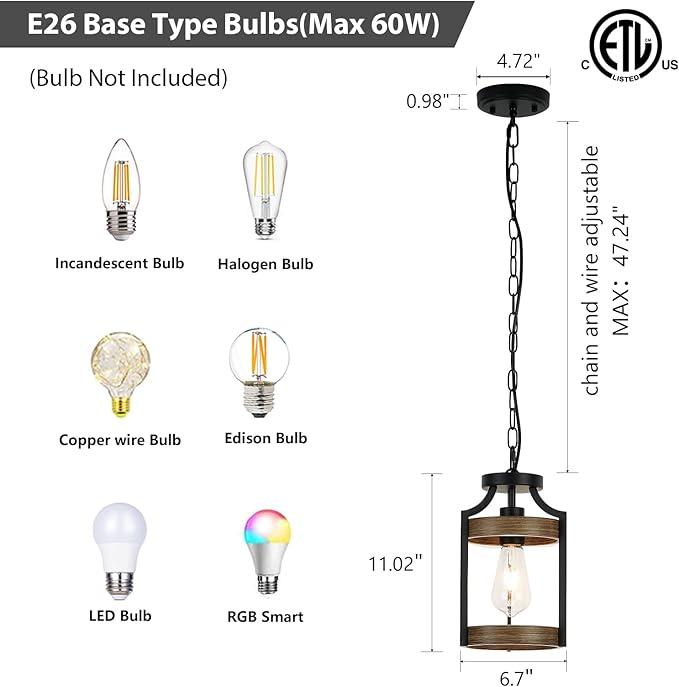 Farmhouse Pendant Light, Rustic Wood Metal Light Fixtures with Adjustable Hanging Chain, Small Pendant Lighting for Kitchen Island, Dining Room, Entryway, Cafe & Bar, 2 Pack