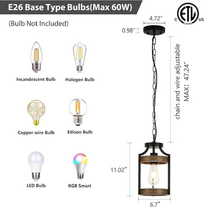 Farmhouse Pendant Light, Rustic Wood Metal Light Fixtures with Adjustable Hanging Chain, Small Pendant Lighting for Kitchen Island, Dining Room, Entryway, Cafe & Bar, 2 Pack