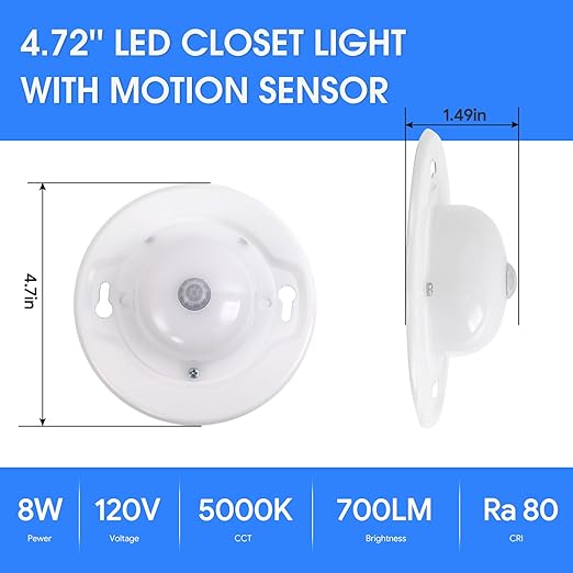 Energetic 4.7 Inch Motion Sensor Closet Ceiling Lights, LED Under Cabinet Lights Wired, Flush Mount Ceiling Lighting Fixtures for Bedroom, Kitchen, Hallway, Wet Location, 120V, 5000K, White, 2 Pack