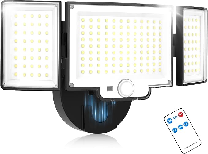 Motion Sensor Outdoor Light, 188 LED 4200LM Flood Lights Outdoor, 6500K Daylight, 3 Modes with Remote Control, IP65 Waterproof, Adjustable Heads, Hardwired 120V for Garage, Yard, Porch, 1 Pack Black