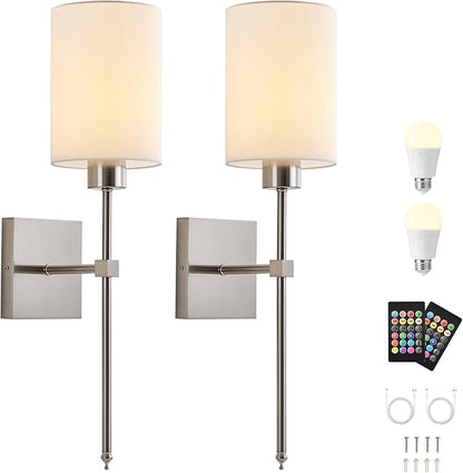 KARTOOSH Battery Operated Wall Sconce Set of Two, Wireless Rechargeable Wall Light with Remote Control, Dimmable, 4 Color Temperatures, RGB, Timer, for Living Room,Bedroom,Entryway, Nickel, 20.6 Inch