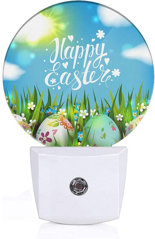 EKOBLA Easter Plug-in Night Light, Colorful Egg on Green Grass LED Nightlight with Auto Sensor for All Ages