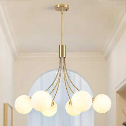 31.5" Modern Mid-Century Gold Sputnik Chandelier - 6-Light Adjustable Hanging Fixture with Milk White Glass Shades for Dining Room, Kitchen Island, Living Room, Bedroom, Foyer Lighting