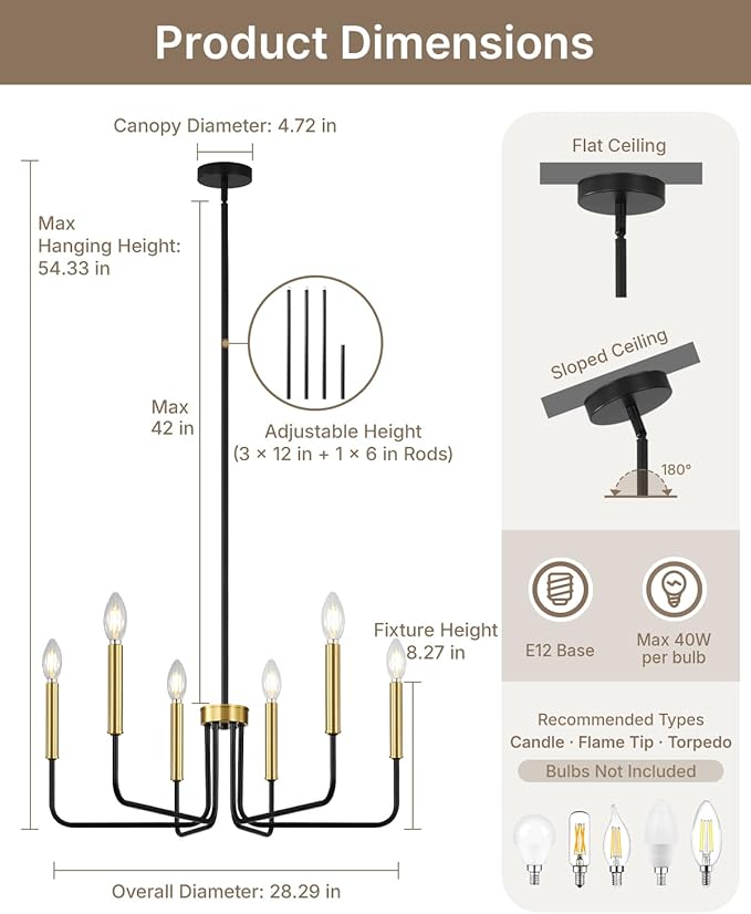 Yunnix Black and Gold Chandelier 6-Light Modern Pendant Hanging Light Fixture for Dining Room, Bedroom Pendant Ceiling, Foyer Entryway, Kitchen Island