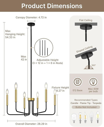 Yunnix Black and Gold Chandelier 6-Light Modern Pendant Hanging Light Fixture for Dining Room, Bedroom Pendant Ceiling, Foyer Entryway, Kitchen Island
