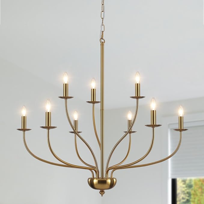 Gold Chandelier Light Fixture 9 Light Brass Chandelier for Dining Room, 30” Large Chandeliers for High Ceilings, Industrial Candle Farmhouse Chandelier for Living Room Kitchen Bedroom Entryway