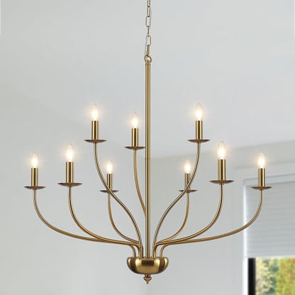 Gold Chandelier Light Fixture 9 Light Brass Chandelier for Dining Room, 30” Large Chandeliers for High Ceilings, Industrial Candle Farmhouse Chandelier for Living Room Kitchen Bedroom Entryway