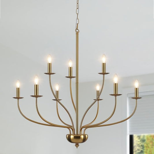 Gold Chandelier Light Fixture 9 Light Brass Chandelier for Dining Room, 30” Large Chandeliers for High Ceilings, Industrial Candle Farmhouse Chandelier for Living Room Kitchen Bedroom Entryway
