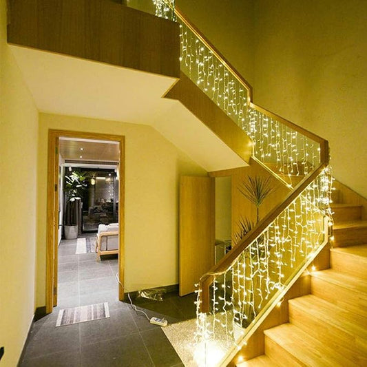 ZIMINGU Icicle Diwali Lights Outdoor, Christmas Hanging Window Curtains Dangling 16.4FT 216LEDs 8 Modes Weeping Willow Ceiling Fairy String Lights, Warm White, 5M
