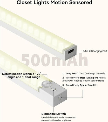 Under Cabinet Lighting 8 Inch 6-Pack, Rechargeable Motion Sensor Light Indoor, Dimmable Closet Lights 3 Color Temps, Wireless Under Counter Lights for Kitchen, Stairs