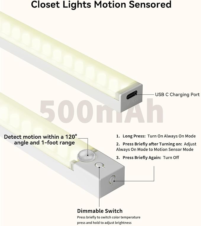 12-Pack 12-Inch Under Cabinet Lighting with 2 charging station Rechargeable Motion Sensor Light Indoor 3 Color Dimmable Closet Light,USB Stick LED Magnetic Under Counter Lights for Kitchen Stair