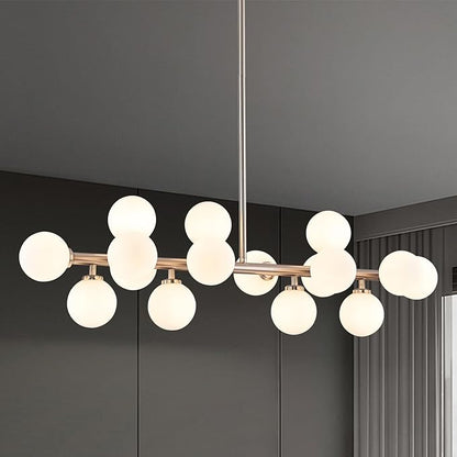 16-Light Globe Sputnik Chandelier, Mid Century Modern Light Fixture Over Table, Nickel Linear Chandeliers for Dining Room and Kitchen Island (Milk White Glass Bubble Shades, 40 Inch)