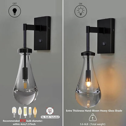 HuisMier Raindrop Wall Sconces, Black Wall Sconces with On/Off Switch, Modern Clear Glass Wall Lamp Vanity Light Fixtures for Bathroom Bedroom Living Room Hallway, Hardwired