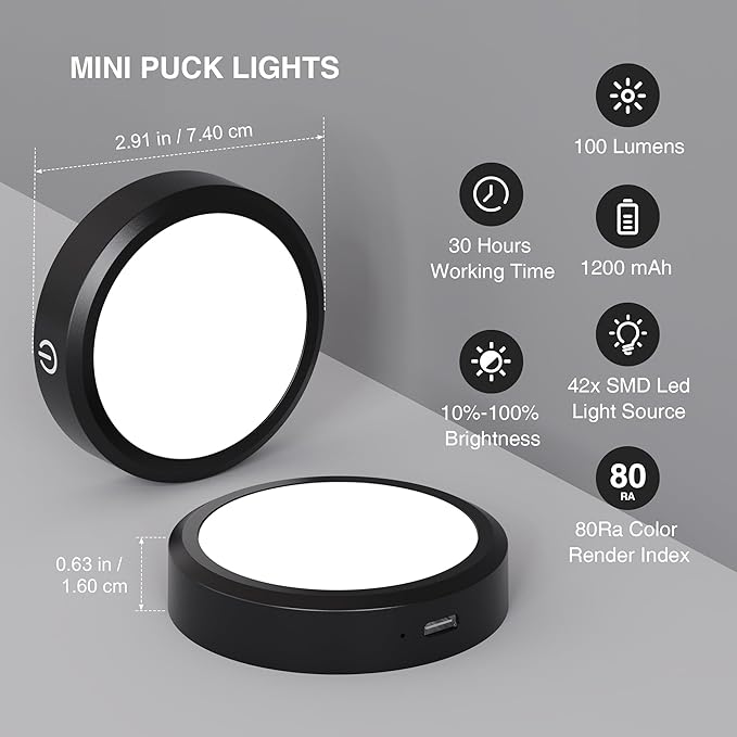 Puck Lights with Remote Control Rechargeable, Full-Screen Wireless LED Under Cabinet Lighting with Light Guide Plate,3 Color Dimmable Stick On Tap Lights for Kitchen,Counter,Closet,Shelf, 4PCS,Black