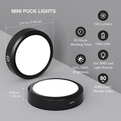 Puck Lights with Remote Control Rechargeable, Full-Screen Wireless LED Under Cabinet Lighting with Light Guide Plate,3 Color Dimmable Stick On Tap Lights for Kitchen,Counter,Closet,Shelf, 4PCS,Black