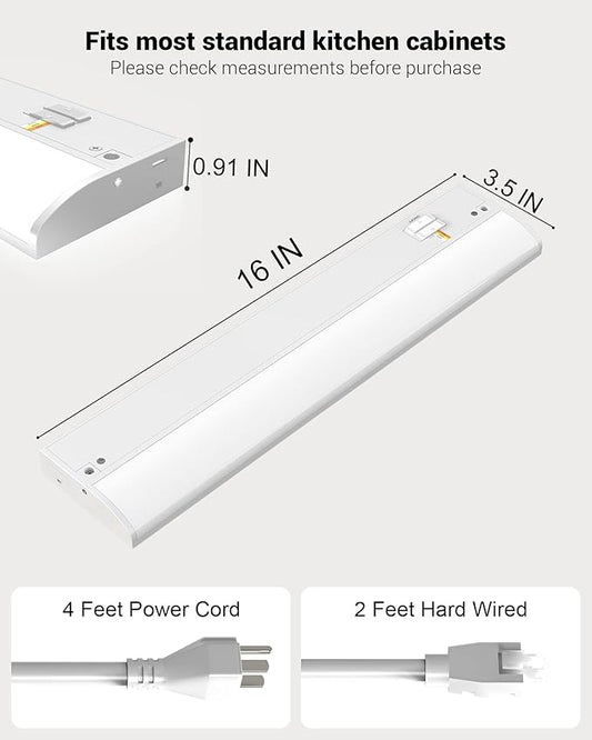 16" LED Under Cabinet Lighting, Plug-in or Hardwired Dual Installation, 3CCT Selectable 3000K/4000K/5000K, Dimmable 110V Kitchen Lights Under Cabinet, High CRI 94+ for Counter, Shelf & Pantry