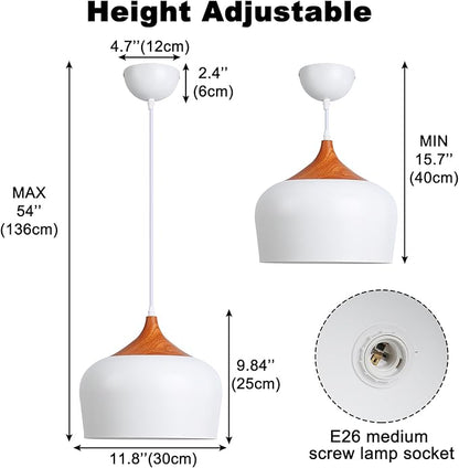 Modern Pendant Light Fxtures Kitchen, Hanging Light Fixtures Ceiling Mount, Wood Metal Shade Pendant Lamp for Dining Room, Bedroom, Living Room, Bathroom, Entryway, Small Chandelier, White