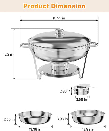 Chafing Dish Buffet Set 2 Pack, 5 QT Round Stainless Steel Chafer and Food Warmers with Food & Water Pan, Lid, Frame, Fuel Holder for Catering, Parties, Events, Wedding, Camping, Dinner