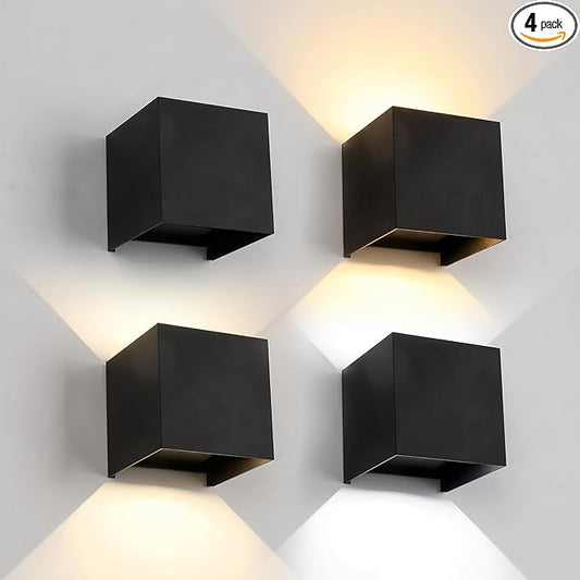 4 Pack Modern Outdoor Wall Lights, ETL Listed 15W Square LED Exterior Wall Sconce, 3 Color Temperature Selectable, Adjustable Up and Down Lighting Fixtures, IP65 Waterproof Aluminum Porch Light