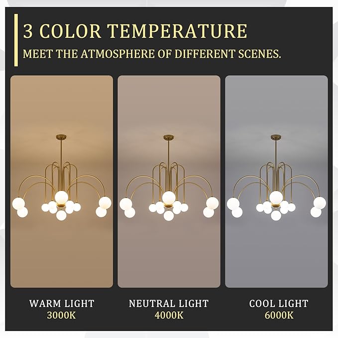 CATINER Large Sputnik Chandeliers 12 Lights Modern Gold Chandelier for High Ceiling L52” Mid Century Ceiling Pendant Light Fixtures with Milk Glass Globe Shades for Living Dining Room Foyer Staircase