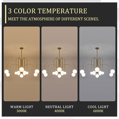 CATINER Large Sputnik Chandeliers 12 Lights Modern Gold Chandelier for High Ceiling L52” Mid Century Ceiling Pendant Light Fixtures with Milk Glass Globe Shades for Living Dining Room Foyer Staircase
