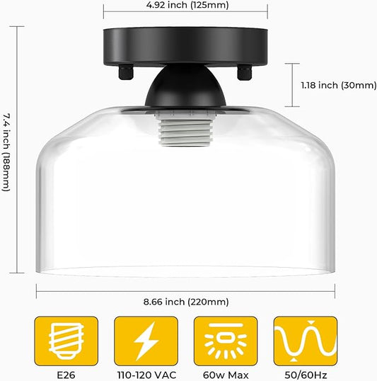 LACCEN Semi Flush Mount Ceiling Light - Clear Glass Pendant Lamp Shade, Matte Black Finish, Modern Farmhouse Light Fixture for Hallway Corridor Kitchen Entryway Bedroom, Bulb Not Included