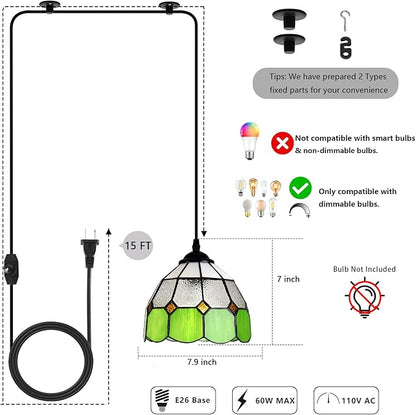 HuisMier Tiffany Style Plug in Pendant Light, Green Mini Chandelier with 15 Ft Hanging Cord and On/Off Dimmer Switch, Vintage Swag Ceiling Lamp for Dining Room Bedroom Living Room Porch, 7.9" Width