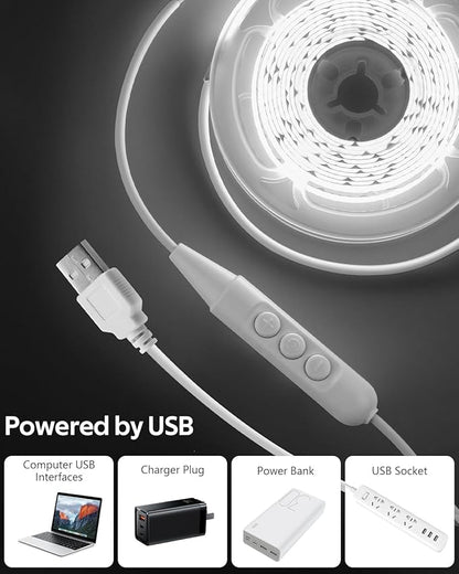 Aclorol 5V USB Powered Dimmable COB LED Strip Light 6.56FT Cold White LED Strip Light for Bedroom Dotless 640LEDs Tape Light for TV Backlight Roof Under Cabinet Wardrobe Mirror Lighting 6000K CRI85+