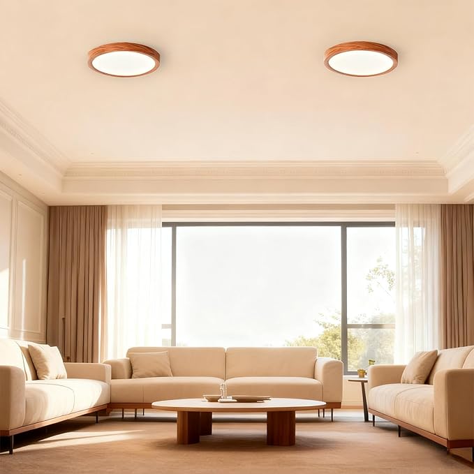 9 Inch LED Wood Grain Flush Mount Ceiling Light Fixtures Set of 2, Modern 22W Round Flat Overhead 3000K-4000K-6000K Selectable Ceiling Lamps for Bedroom, Living Room, Kitchen, Entryway