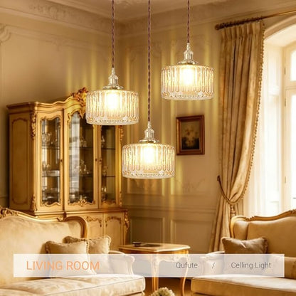 Amber Chandelier Mid-Century Modern Chandelier 3-Light Glass Globes Vintage Gold Brass Finish Striped Glass Hanging Pendant Lights Dining Room Semi Flush Mount Ceiling Light Fixture