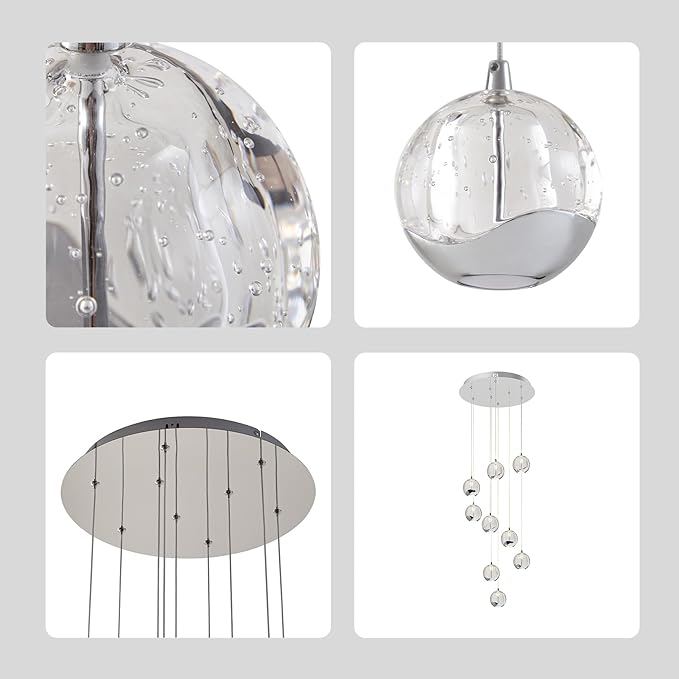 9-Light Modern Chrome Glass Globe Chandelier, Hanging Cluster Pendant Light Kitchen Island & Foyer Chandelier, Warm White 3000K, 4230 Lm, LED Modern Chandelier, Ø 15.7 in