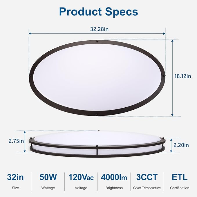DAKASON 32In Oval LED Flush Mount Ceiling Light for Kitchen, 50W Large LED Ceiling Light Fixture for Living Room, 3000K/4000K/5000K Adjustable, Dimmable Ceiling Lighting for Dining Room/Laundry, ORB