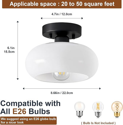WOKNOS Mid-Century Modern Semi Flush Mount Ceiling Light, Metal Kitchen Light Fixture with Glass Shade, Mini White and Black Colse to Ceiling Lamp for Entryway Hallway Bathroom (8.66 Inch)