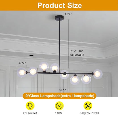 Black Sputnik Chandelier, 8 Lights Modern Bubble Chandelier with Double Glass Lampshade, Mid Century Globe Pendant Lights for Dining Room Kitchen Island - Black