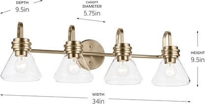 Kichler Farum 34" 4-Light Bathroom Vanity Light Fixture with Clear Glass in Champagne Bronze for Single or Double Vanity, Modern Lighting Fixture (34" x 9.5" x 9.5"), 55156CPZCLR