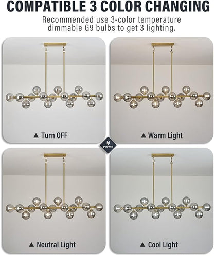 55" Long Brass Gold Chandeliers for Dining Room Kitchen Island, Large Globe Sputnik Linear Chandelier, 16 Lights Mid Century Modern Light Fixture Over Table, Smoke Grey Bubble, GC-08
