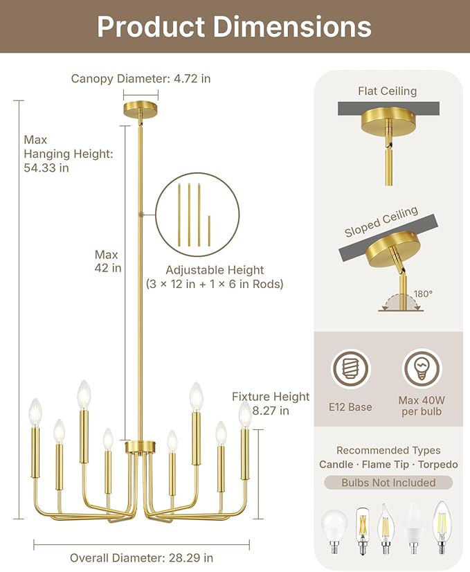 Yunnix 8 Light Modern Brushed Gold Chandelier for Dining Room Light Fixtures Over Table, Vintage Brass Master Bedroom Chandelier for Entryway, Foyer, Staircase, Kitchen and Living Room
